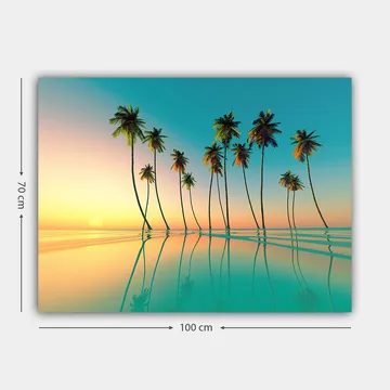 Lerretsbilde 70x100 cm - Tropisk solnedgang med palmer speilet i stille vann - Turkis / Oransje / Grønn - Interiør - Maleri & posters - Lerretsbilder