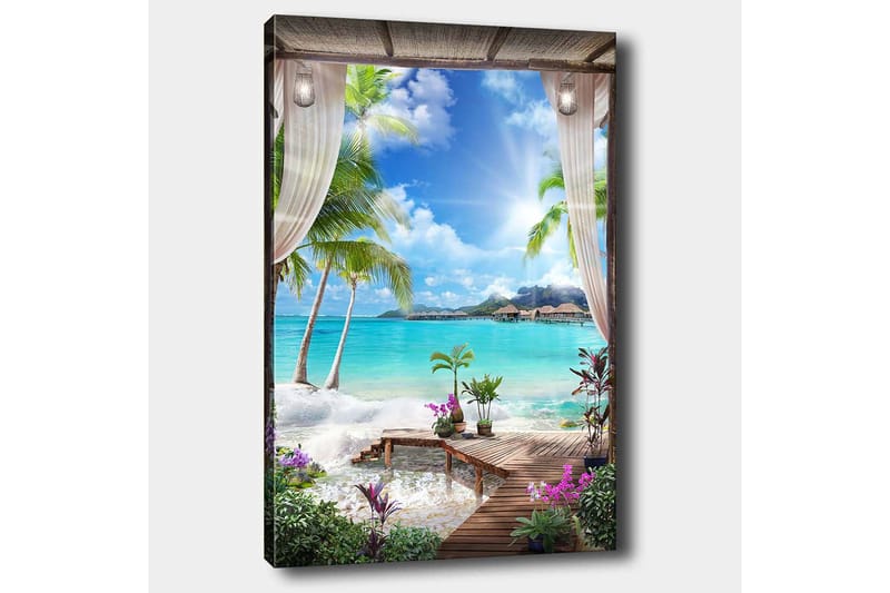 Lerretsbilde 70x100 cm - Tropisk strandutsikt med palmer, klart vann og blomster i et avslappende miljø - Turkis / Grønn / Lilla - Interiør - Maleri & posters - Lerretsbilder