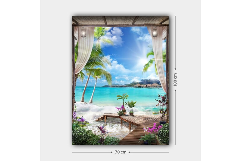 Lerretsbilde 70x100 cm - Tropisk strandutsikt med palmer, klart vann og blomster i et avslappende miljø - Turkis / Grønn / Lilla - Interiør - Maleri & posters - Lerretsbilder