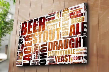 Lerretsbilde 70x100 cm - Typografisk komposisjon med fokus på ulike typer øl og bryggebegreper - Mørk brun / Beige / Svart - Interiør - Maleri & posters - Lerretsbilder
