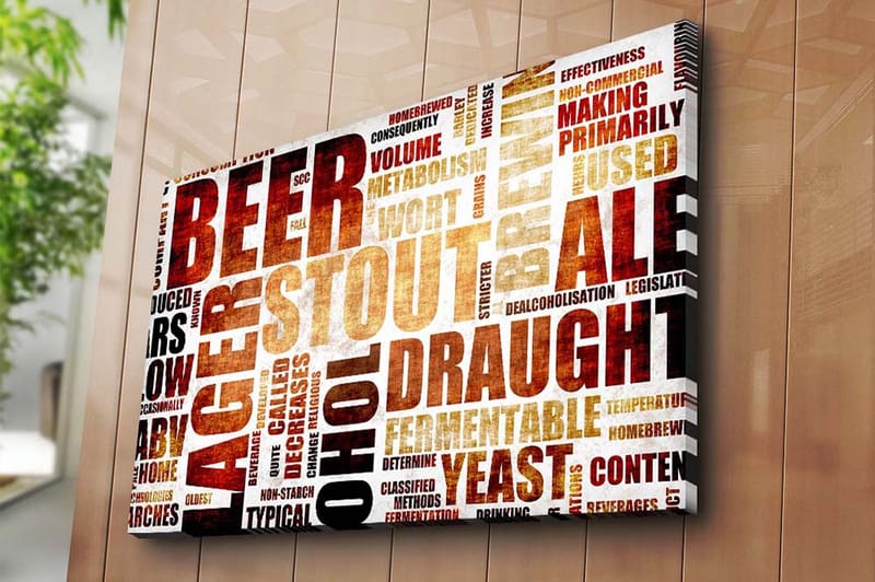 Lerretsbilde 70x100 cm - Typografisk komposisjon med fokus på ulike typer øl og bryggebegreper - Mørk brun / Beige / Svart - Interiør - Maleri & posters - Lerretsbilder