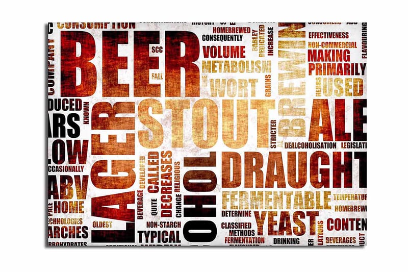 Lerretsbilde 70x100 cm - Typografisk komposisjon med fokus på ulike typer øl og bryggebegreper, Mørk brun / Beige / Svart
