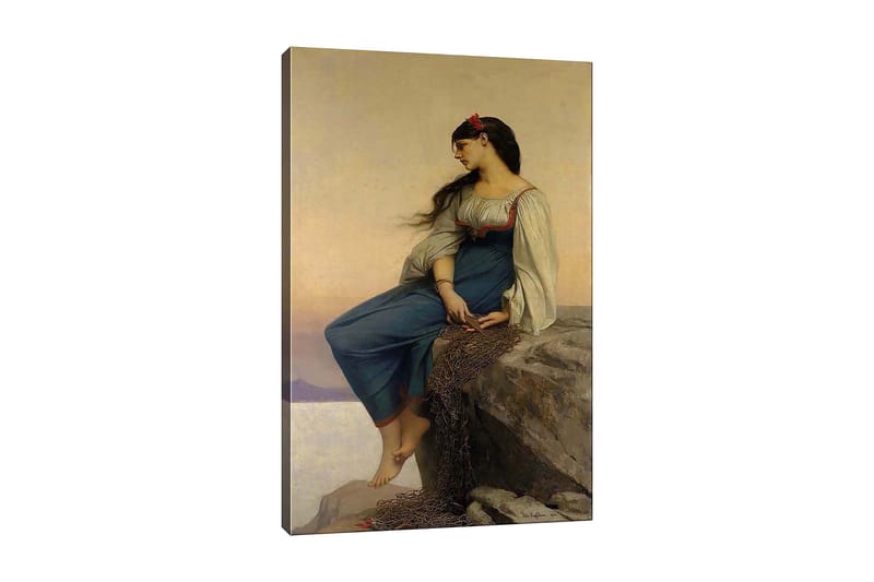 Lerretsbilde 70x100 cm - Ung kvinne sitter på en klippe med et tankefullt blikk, iført en blå kjole med hvite ermer, Blå / Hvit / Rød