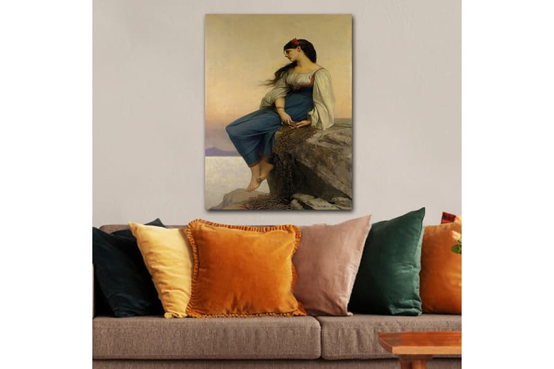 Lerretsbilde 70x100 cm - Ung kvinne sitter på en klippe med et tankefullt blikk, iført en blå kjole med hvite ermer - Blå / Hvit / Rød - Interiør - Maleri & posters - Lerretsbilder
