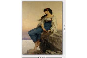 Lerretsbilde 70x100 cm - Ung kvinne sitter på en klippe med et tankefullt blikk, iført en blå kjole med hvite ermer - Blå / Hvit / Rød - Interiør - Maleri & posters - Lerretsbilder