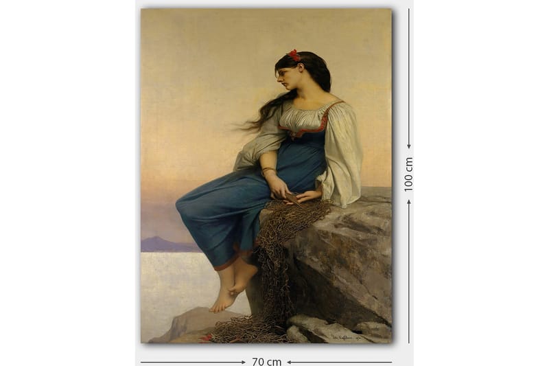 Lerretsbilde 70x100 cm - Ung kvinne sitter på en klippe med et tankefullt blikk, iført en blå kjole med hvite ermer - Blå / Hvit / Rød - Interiør - Maleri & posters - Lerretsbilder