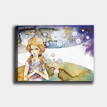 Lerretsbilde 70x100 cm - Ung kvinne som holder en bukett med sirkulære blomster i et drømmeaktig landskap - Lys blå / Beige / Lilla - Interiør - Maleri & posters - Lerretsbilder