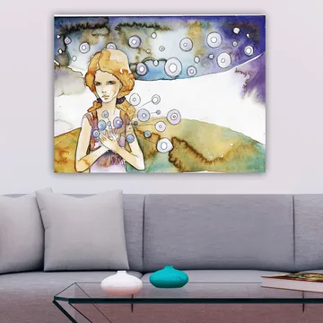 Lerretsbilde 70x100 cm - Ung kvinne som holder en bukett med sirkulære blomster i et drømmeaktig landskap - Lys blå / Beige / Lilla - Interiør - Maleri & posters - Lerretsbilder