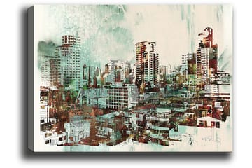 Lerretsbilde 70x100 cm - Urbant bybilde med høye bygninger og travle gater - Grønn / Brun / Hvit - Interiør - Maleri & posters - Lerretsbilder