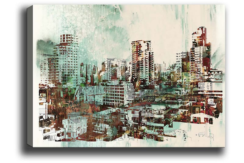 Lerretsbilde 70x100 cm - Urbant bybilde med høye bygninger og travle gater - Grønn / Brun / Hvit - Interiør - Maleri & posters - Lerretsbilder