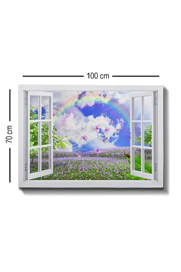 Lerretsbilde 70x100 cm - Utsikt fra åpent vindu med en blomstrende eng, sommerfugler og en regnbue under en blå himmel - Lilla / Grønn / Blå - Interiør - Maleri & posters - Lerretsbilder
