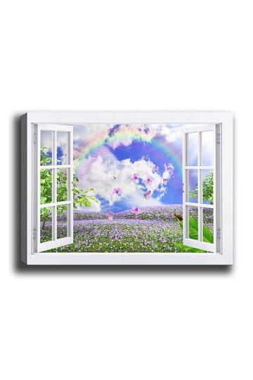 Lerretsbilde 70x100 cm - Utsikt fra åpent vindu med en blomstrende eng, sommerfugler og en regnbue under en blå himmel - Lilla / Grønn / Blå - Interiør - Maleri & posters - Lerretsbilder