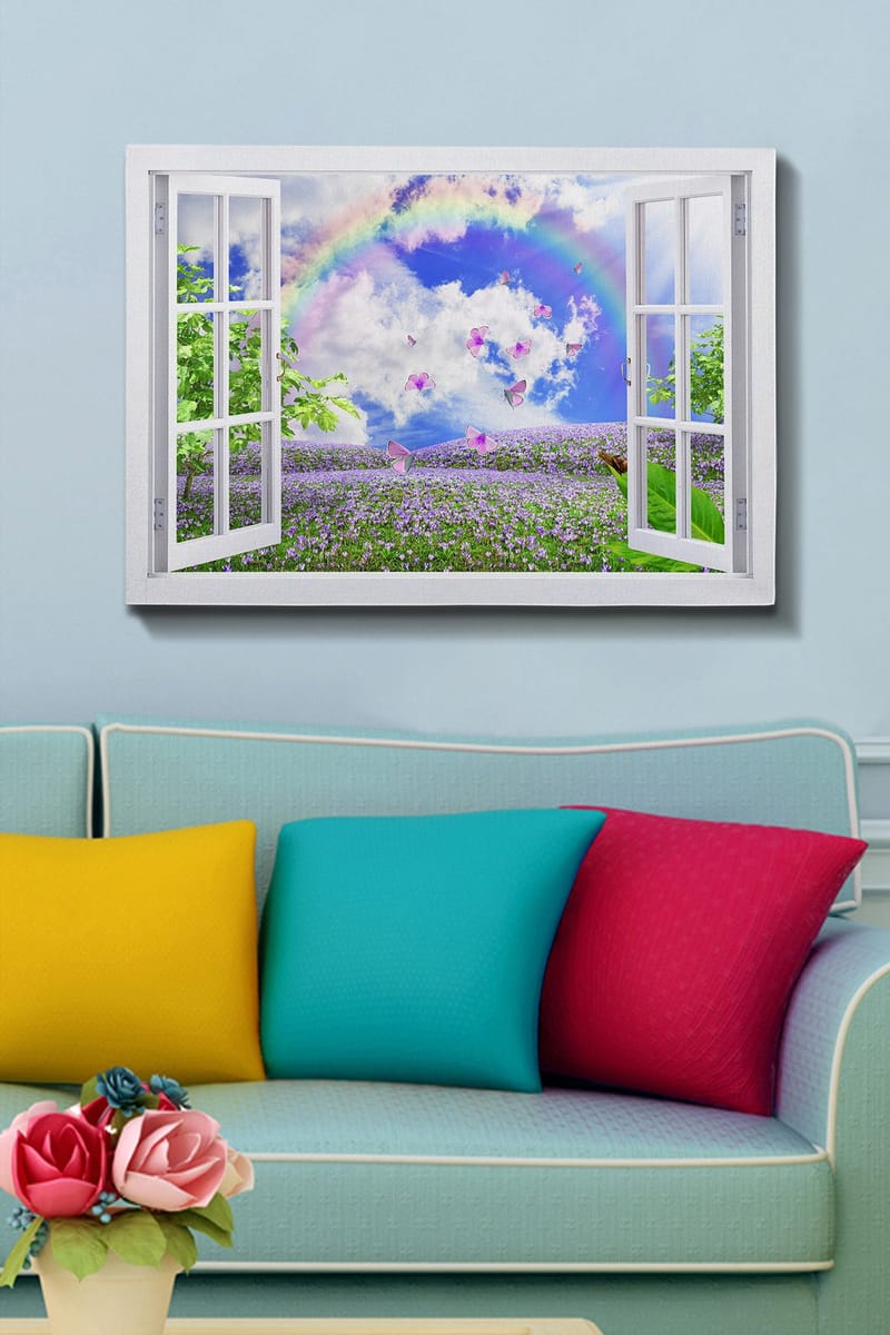 Lerretsbilde 70x100 cm - Utsikt fra åpent vindu med en blomstrende eng, sommerfugler og en regnbue under en blå himmel - Lilla / Grønn / Blå - Interiør - Maleri & posters - Lerretsbilder