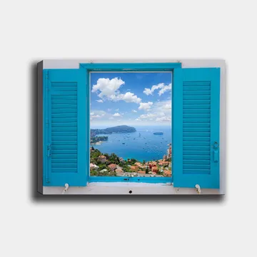 Lerretsbilde 70x100 cm - Utsikt gjennom et åpent vindu med hav og himmel i fokus - Blå / Grønn / Hvit - Interiør - Maleri & posters - Lerretsbilder