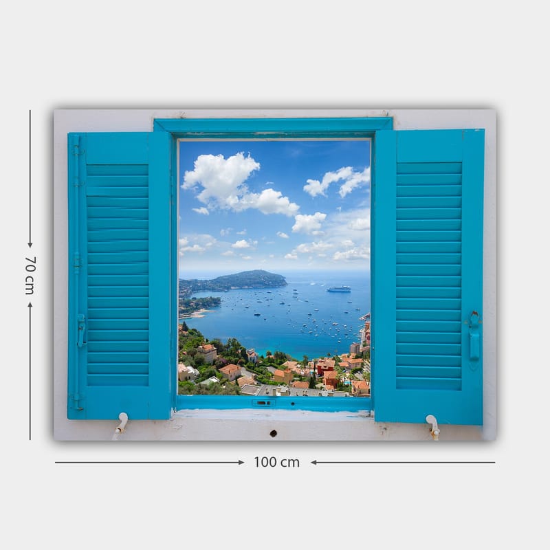 Lerretsbilde 70x100 cm - Utsikt gjennom et åpent vindu med hav og himmel i fokus - Blå / Grønn / Hvit - Interiør - Maleri & posters - Lerretsbilder