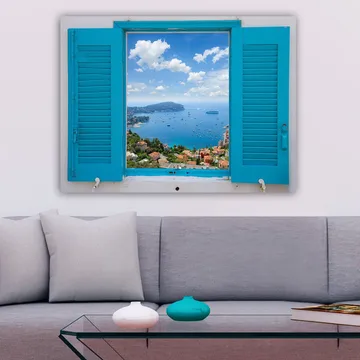 Lerretsbilde 70x100 cm - Utsikt gjennom et åpent vindu med hav og himmel i fokus - Blå / Grønn / Hvit - Interiør - Maleri & posters - Lerretsbilder