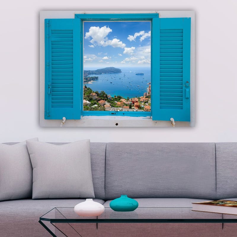 Lerretsbilde 70x100 cm - Utsikt gjennom et åpent vindu med hav og himmel i fokus - Blå / Grønn / Hvit - Interiør - Maleri & posters - Lerretsbilder