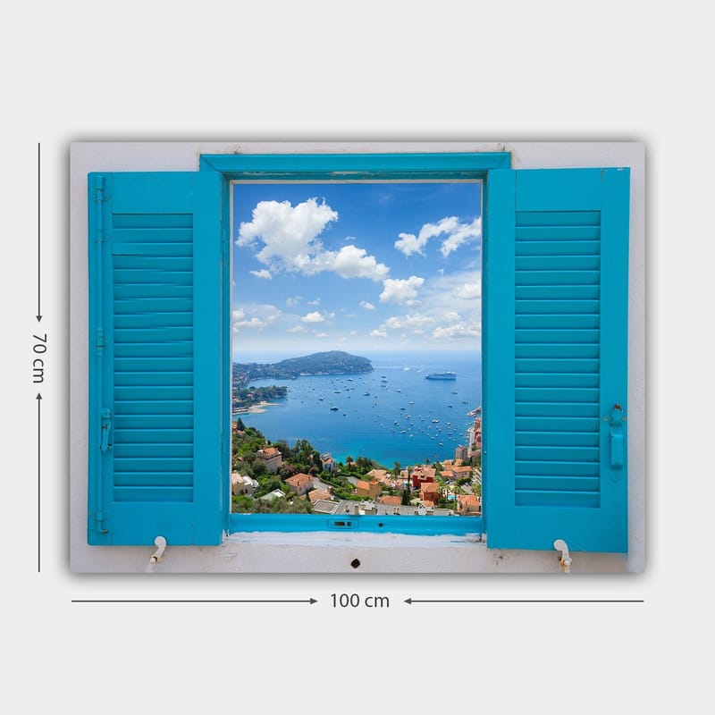 Lerretsbilde 70x100 cm - Utsikt gjennom et åpent vindu med hav og himmel i fokus - Blå / Grønn / Hvit - Interiør - Maleri & posters - Lerretsbilder