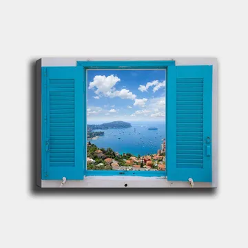 Lerretsbilde 70x100 cm - Utsikt gjennom et åpent vindu med hav og himmel i fokus - Blå / Grønn / Hvit - Interiør - Maleri & posters - Lerretsbilder
