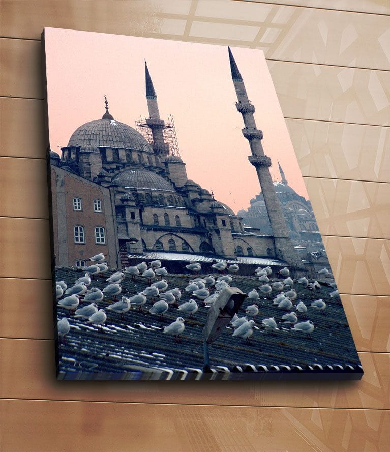 Lerretsbilde 70x100 cm - Utsikt over en historisk moské med fugler som sitter på taket - Grå / Blå / Beige - Interiør - Maleri & posters - Lerretsbilder