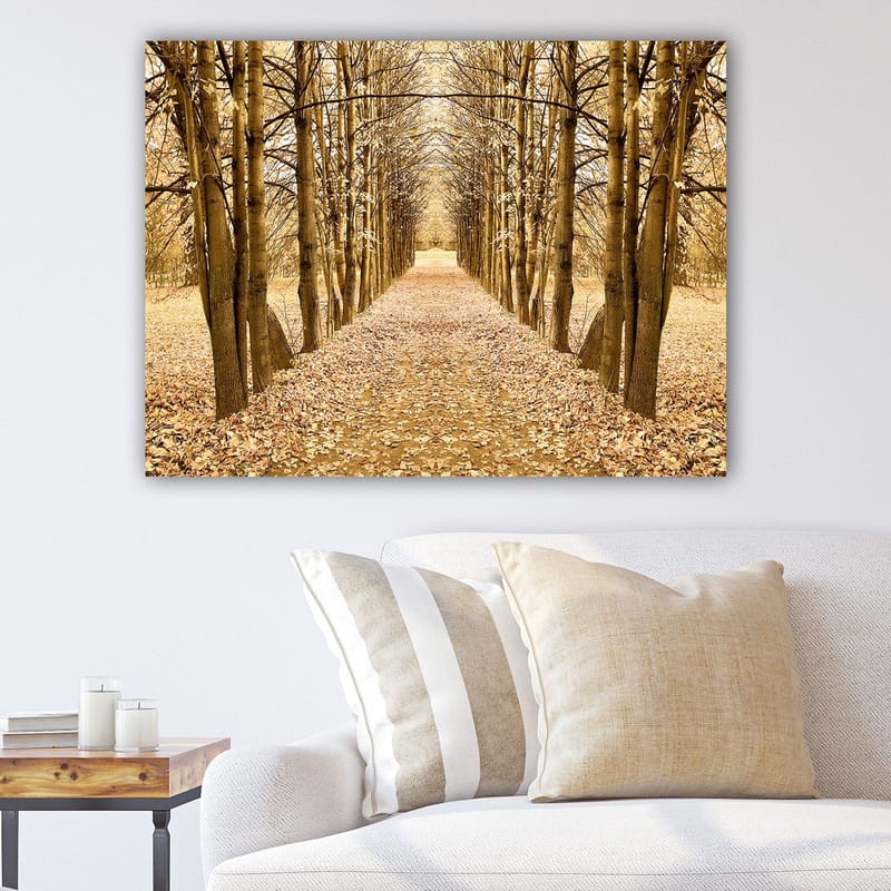 Lerretsbilde 70x100 cm - Vakker allé med trær i høstfarger som fører mot et fjerntliggende punkt, Gull / Brun / Beige