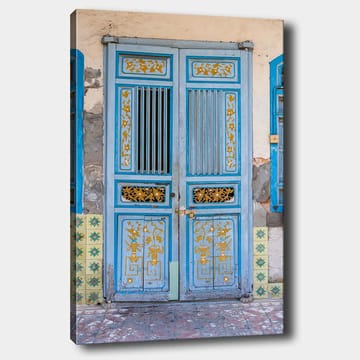Lerretsbilde 70x100 cm - Vakker blå dør med gulldetaljer og dekorative mønstre - Blå / Gull - Interiør - Maleri & posters - Lerretsbilder