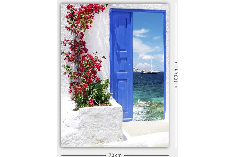 Lerretsbilde 70x100 cm - Vakker blå dør omgitt av blomster i rødt som fører ut til havutsikt - Blå / Rød / Grønn - Interiør - Maleri & posters - Lerretsbilder