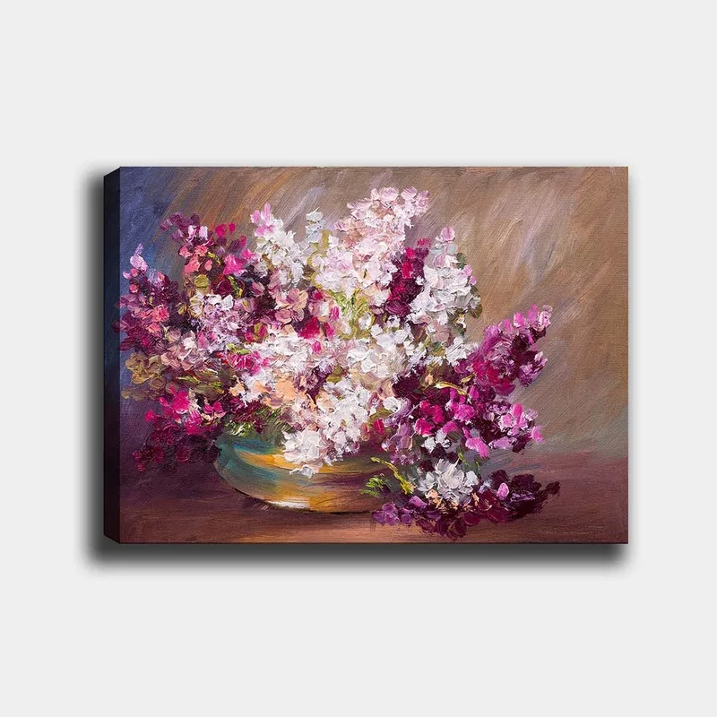 Lerretsbilde 70x100 cm - Vakker blomsterbukett i en bolle, Lilla / Hvit / Grønn