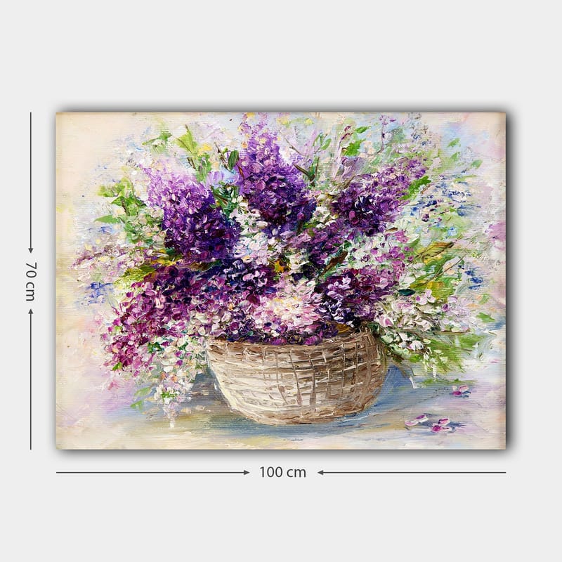 Lerretsbilde 70x100 cm - Vakker blomsterbukett i en kurv med lilla og hvite blomster - Lilla / Hvit / Grønn - Interiør - Maleri & posters - Lerretsbilder