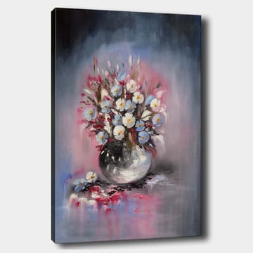 Lerretsbilde 70x100 cm - Vakker blomsterbukett i en rund vase - Blå / Hvit / Svart - Interiør - Maleri & posters - Lerretsbilder