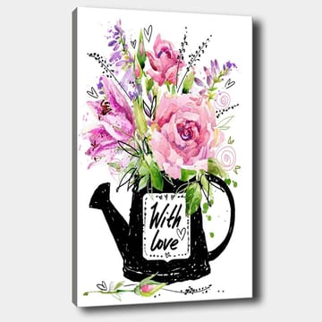 Lerretsbilde 70x100 cm - Vakker blomsterbukett i en svart vannkanne med teksten With love - Rosa / Grønn / Lilla - Interiør - Maleri & posters - Lerretsbilder