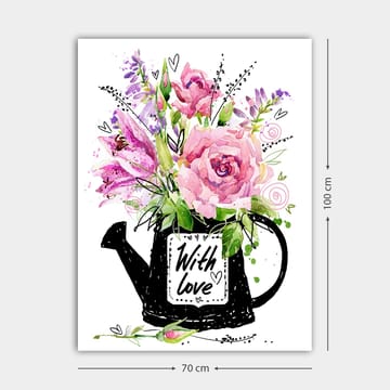 Lerretsbilde 70x100 cm - Vakker blomsterbukett i en svart vannkanne med teksten With love - Rosa / Grønn / Lilla - Interiør - Maleri & posters - Lerretsbilder