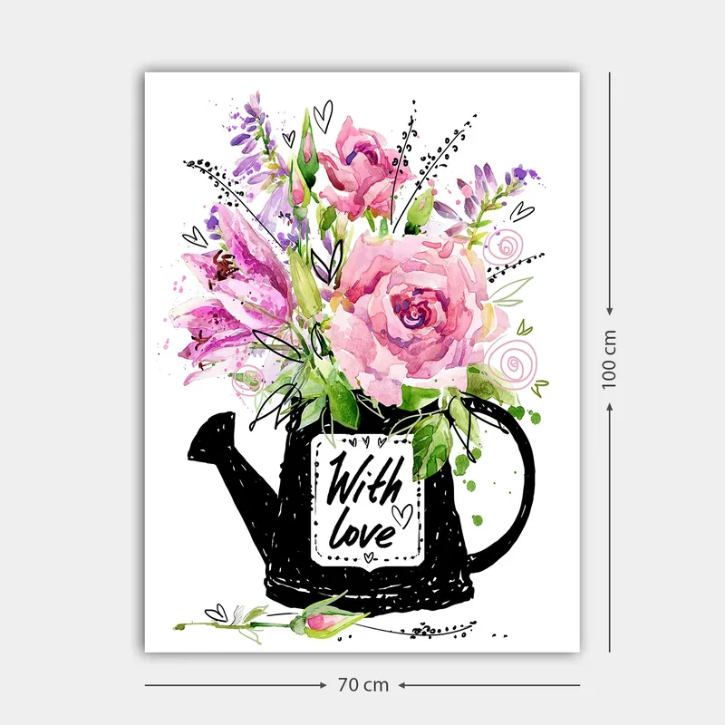 Lerretsbilde 70x100 cm - Vakker blomsterbukett i en svart vannkanne med teksten With love - Rosa / Grønn / Lilla - Interiør - Maleri & posters - Lerretsbilder