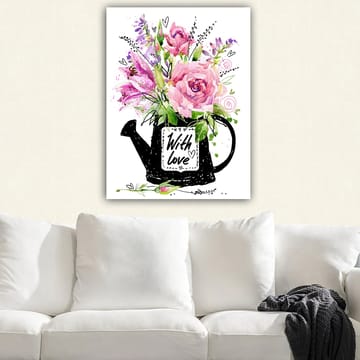 Lerretsbilde 70x100 cm - Vakker blomsterbukett i en svart vannkanne med teksten With love - Rosa / Grønn / Lilla - Interiør - Maleri & posters - Lerretsbilder