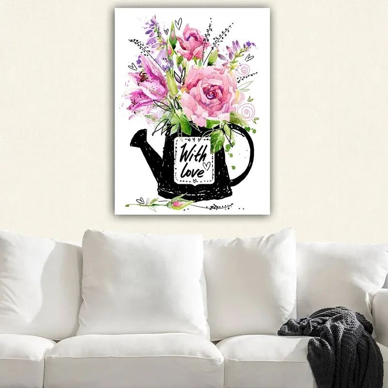 Lerretsbilde 70x100 cm - Vakker blomsterbukett i en svart vannkanne med teksten With love - Rosa / Grønn / Lilla - Interiør - Maleri & posters - Lerretsbilder