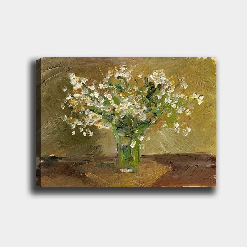 Lerretsbilde 70x100 cm - Vakker blomsterbukett i glassvase, Hvit / Grønn / Brun