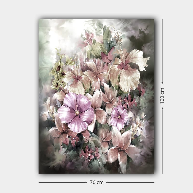 Lerretsbilde 70x100 cm - Vakker blomsterbukett i myke pastellfarger - Lilla / Rosa / Grønn - Interiør - Maleri & posters - Lerretsbilder