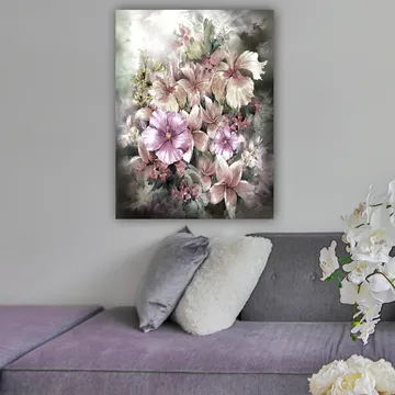 Lerretsbilde 70x100 cm - Vakker blomsterbukett i myke pastellfarger - Lilla / Rosa / Grønn - Interiør - Maleri & posters - Lerretsbilder