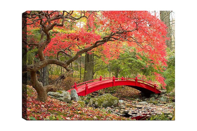 Lerretsbilde 70x100 cm - Vakker bro i rødt omgitt av høstfargede trær og blader, Rød / Grønn / Brun