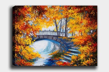 Lerretsbilde 70x100 cm - Vakker bro omgitt av høstfargede trær og blader - Oransje / Gul / Blå - Interiør - Maleri & posters - Lerretsbilder