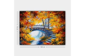 Lerretsbilde 70x100 cm - Vakker bro omgitt av høstfargede trær og blader - Oransje / Gul / Blå - Interiør - Maleri & posters - Lerretsbilder