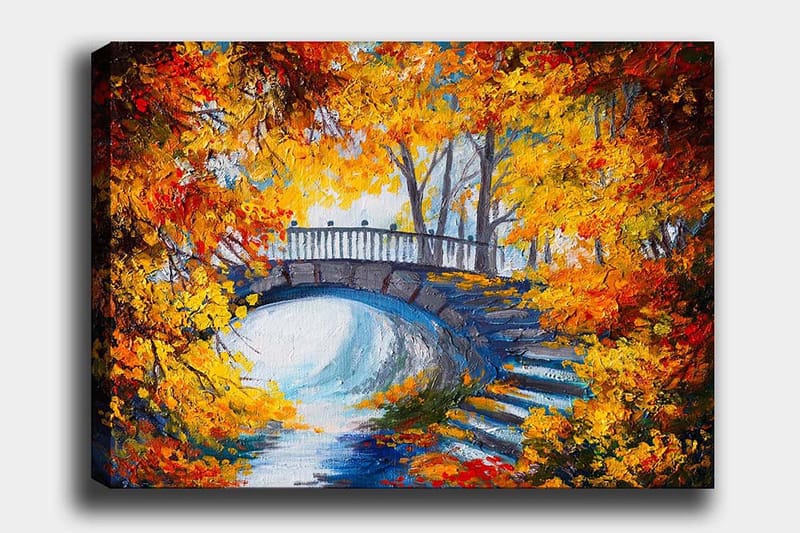 Lerretsbilde 70x100 cm - Vakker bro omgitt av høstfargede trær og blader, Oransje / Gul / Blå