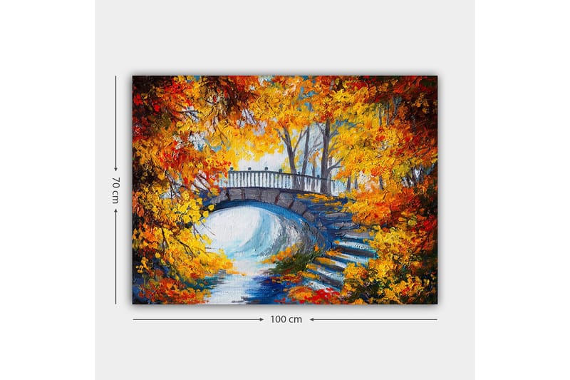 Lerretsbilde 70x100 cm - Vakker bro omgitt av høstfargede trær og blader - Oransje / Gul / Blå - Interiør - Maleri & posters - Lerretsbilder