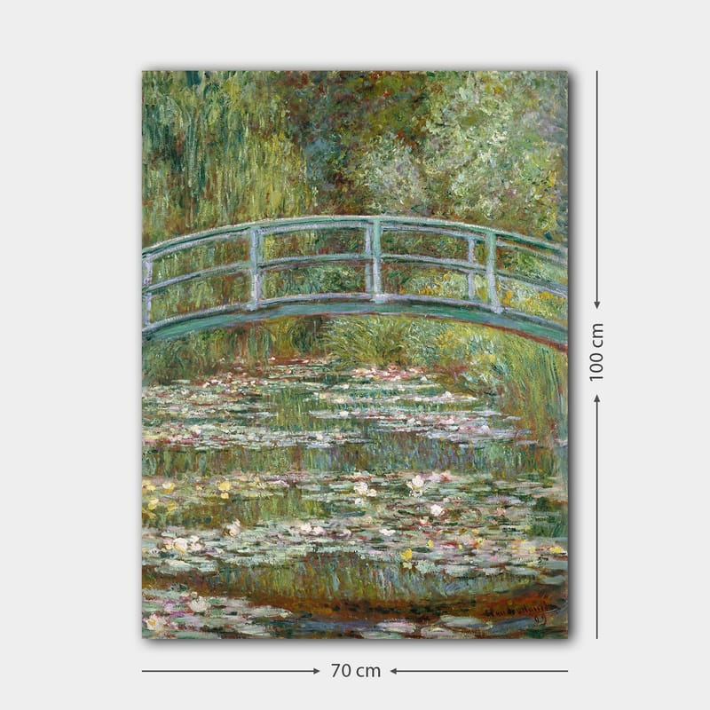 Lerretsbilde 70x100 cm - Vakker bro over en dam med vannliljer i frodige omgivelser - Grønn / Blå / Hvit - Interiør - Maleri & posters - Lerretsbilder