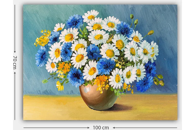 Lerretsbilde 70x100 cm - Vakker bukett med blå og hvite blomster i en brun vase - Blå / Hvit / Gul - Interiør - Maleri & posters - Lerretsbilder
