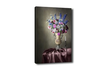 Lerretsbilde 70x100 cm - Vakker bukett med fargerike blomster i en elegant vase - Lilla / Rosa / Blå - Interiør - Maleri & posters - Lerretsbilder
