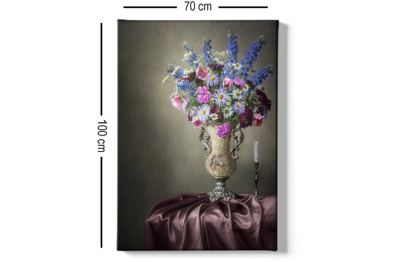 Lerretsbilde 70x100 cm - Vakker bukett med fargerike blomster i en elegant vase - Lilla / Rosa / Blå - Interiør - Maleri & posters - Lerretsbilder