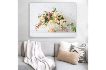 Lerretsbilde 70x100 cm - Vakker bukett med fargerike blomster i en elegant vase - Rosa / Grønn / Krem - Interiør - Maleri & posters - Lerretsbilder