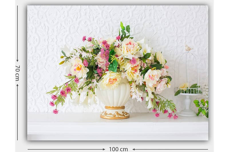 Lerretsbilde 70x100 cm - Vakker bukett med fargerike blomster i en elegant vase - Rosa / Grønn / Krem - Interiør - Maleri & posters - Lerretsbilder
