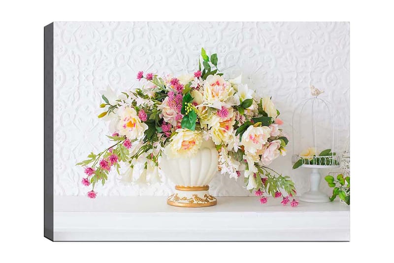 Lerretsbilde 70x100 cm - Vakker bukett med fargerike blomster i en elegant vase, Rosa / Grønn / Krem